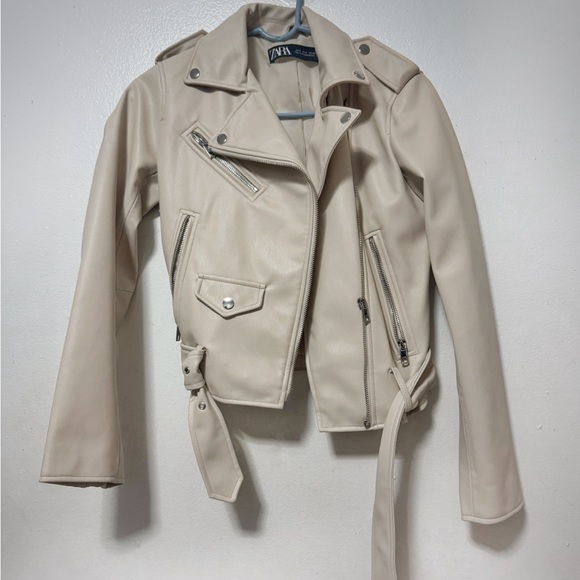 Zara Women's Light Beige Faux Motorcycle Leather Jacket - Picture 2 of 9